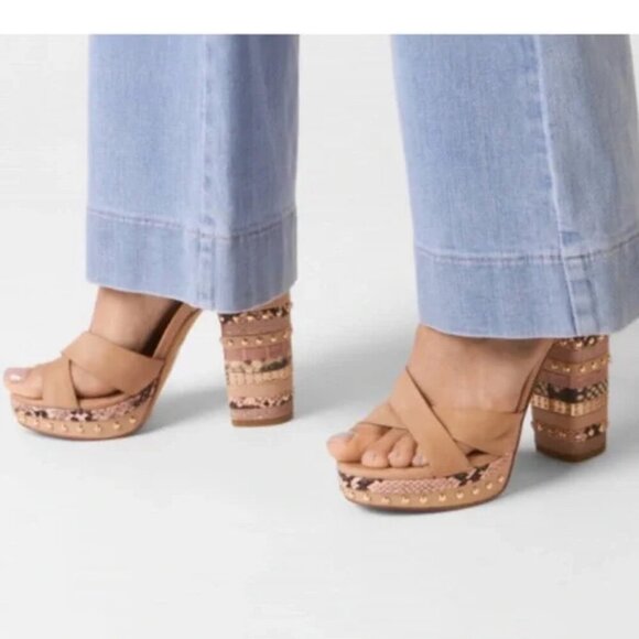 Aldo Hugs Snake Embossed Block Heel Sandal Bone Open Toe Size 7.5 - Picture 2 of 14